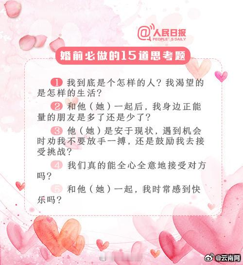 【关于婚姻，这些事情你应该清楚[心]】#武大大可不必等86页PDF逼出来#伴侣的选择是人生的重要选项，婚姻更要在爱的基础上用心经营。婚姻生活有哪些保鲜技巧？对于一些“愿等待不愿将就”的年轻人，婚前又该思考什么问题？一起看↓#谢贤前女友Coco直播高情商回应#（人民日报） ​​​