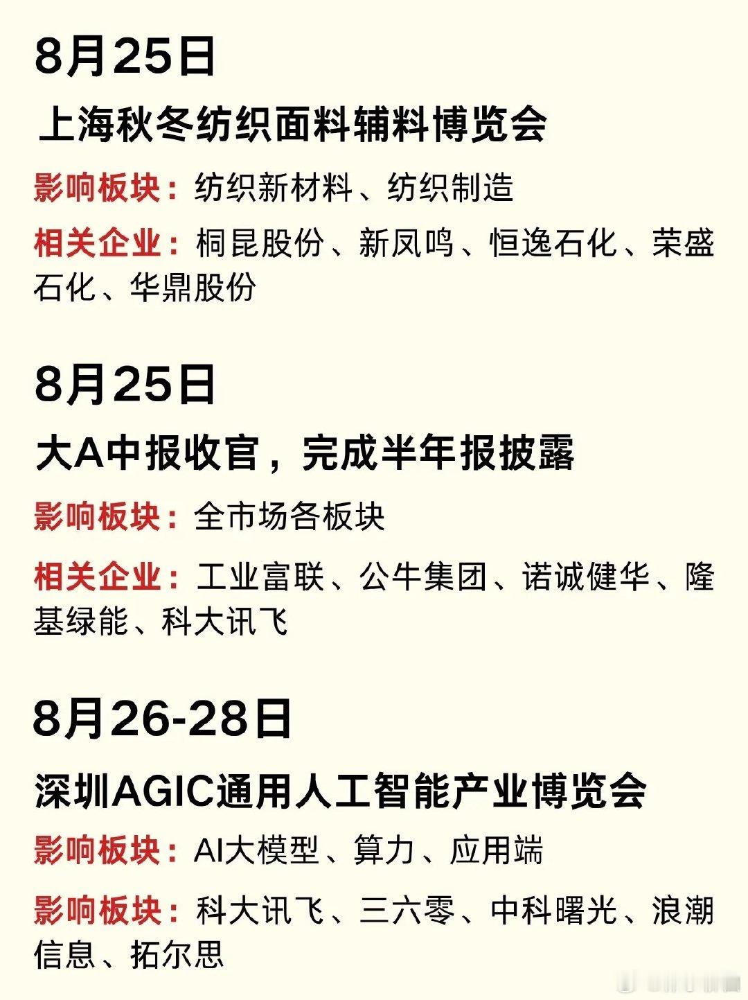 下周市场催化密集来袭，多条主线迎来事件窗口期
 
当下市场依旧处在震荡磨底的节奏里，不少投资者面对反复波动的盘面，总觉得缺少明确的方向指引。很多人习惯盯着每日涨跌短线博弈，却忽略了即将到来的一系列重磅事件，正在为后续行情埋下伏笔。 ​