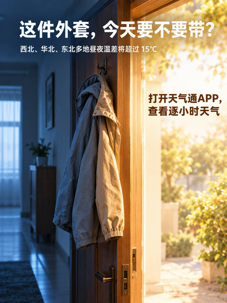 【早上凉中午热，今天差出一件外套】节后开工第一天，早晚凉意明显：西北、华北、东北多地昼夜温差将超过15℃，局地20℃左右。同一天里，清晨出门和午后出门可能是两种体感。这件外套要不要一路带着？先看看今天的逐小时温度变化再决定。#节后开工和温差一起来了##寒露一到秋天就摊牌了##出门前花10秒查个穿衣指数#