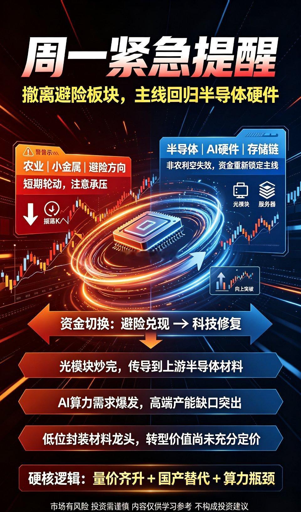紧急盘面提醒！周一快速撤离避险板块，主线或将回归半导体硬件
 
快走，通知身边的股友，短期抓紧撤离避险赛道！
 
先说核心结论：即便周一上证指数高开狂飙，农业这类避险板块，也建议择机兑现离场。
 
不少粉丝发来提问：上周五科技板块走势偏弱，叠加非农重磅数据落地，农业与科技后续还存在行情机 ​