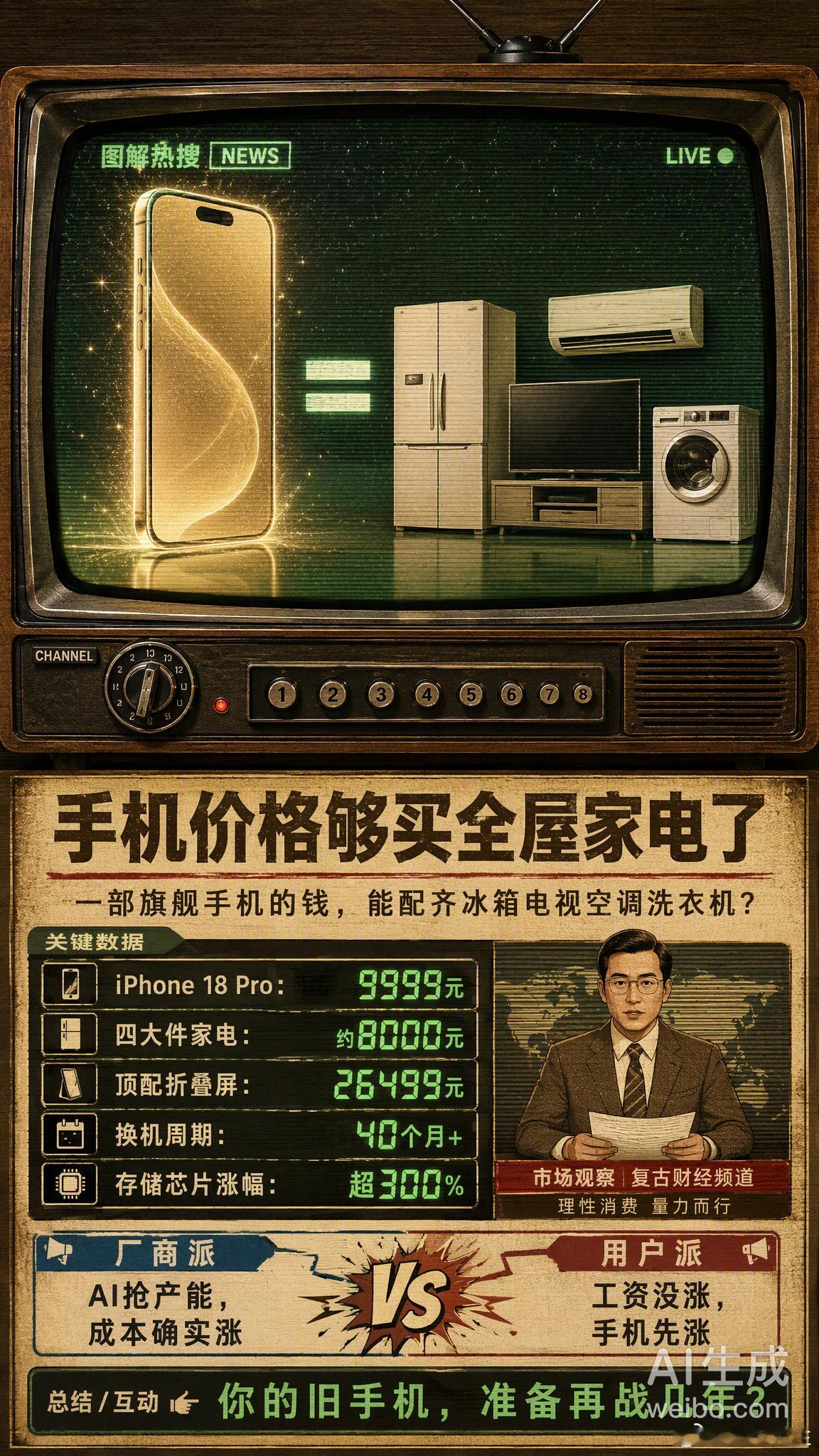 #手机价格够买全屋家电了# 今天这个热搜话题，属实扎心了💔

有网友算了一笔账：一部 iPhone 18 Pro 售价 9999 元，同样的钱能配齐海尔洗衣机、美的冰箱、TCL 电视、小米空调、净水器、抽油烟机，外加一台备用机……这还没算顶配折叠屏，那价格直接飙到 2.6 万+，够买一辆代步车了🚗

手机为啥越来 ​