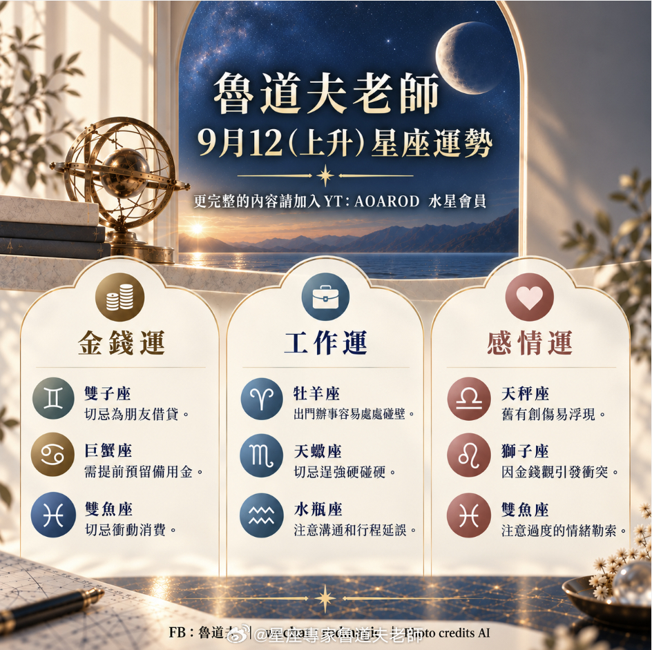 9月在金钱、工作与感情上，有几个上升星座需要多留意一些。特别注意的是上升巨蟹座：工作、家庭与财务压力可能接连而来。同时，有的要注意朋友之间的金钱往来，有的星座工作上容易遇到阻力，先看看图里有没有你的上升星座。不过，运势并不是只有「哪个星座要小心」。知道需要注意什么是一回事，更重要的是，事情可能怎么发展？又可以怎么面对？一杯星巴克的价格就可以知道这个月的12（ 上升）星座运势，如果你平常会看我的每月运势，也希望得到更完整的内容，欢迎加V私我。也欢迎留言告诉我：你的上升星座有在这张图里吗？心理占星 占星  巨蟹座 天秤