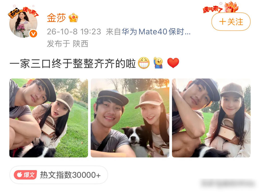 金莎这回被一家三口四个字坑惨了。
刘大锤放出段遛狗视频，她穿条宽松长裙，侧面一看小腹鼓着，全网立马炸锅：怀了？再翻她前一天发的草坪合照，配文一家三口终于整整齐齐，好嘛，彻底坐实。
结果今天火速辟谣：没怀，就是最近食欲太好，吃圆了。老公孙丞潇站旁边，估计也没想到，狗子拉斐尔倒先白捡个娃的身份。