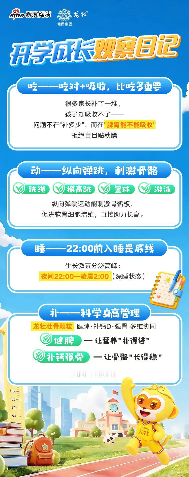 #开学健康第一课# #开学长高不焦虑# 秋季想向上发育，多补钙就够吗❓答案是否定的。钙补进去，还要身体能吸收。#健脾+钙D科学助长高#，脾胃是吸收的核心地基。

开学季，抓住第二个生长黄金窗口。如果孩子脾胃运化差，膳食、补剂里的钙很难发挥作用。龙牡壮骨颗粒，13味道地药材调理脾胃，先调脾胃促吸收；双重有机钙补足钙源，复配维生素D，进一步提升钙吸收效率。

营养之外，运动选跳绳、摸高跳、篮球，尽量22点前入睡；定期测量身高，做好生长数据记录。膳食调理+科学补充，内外协同，帮助孩子把握秋季向上生长机遇。 #开学助长选龙牡成长路上不掉队#