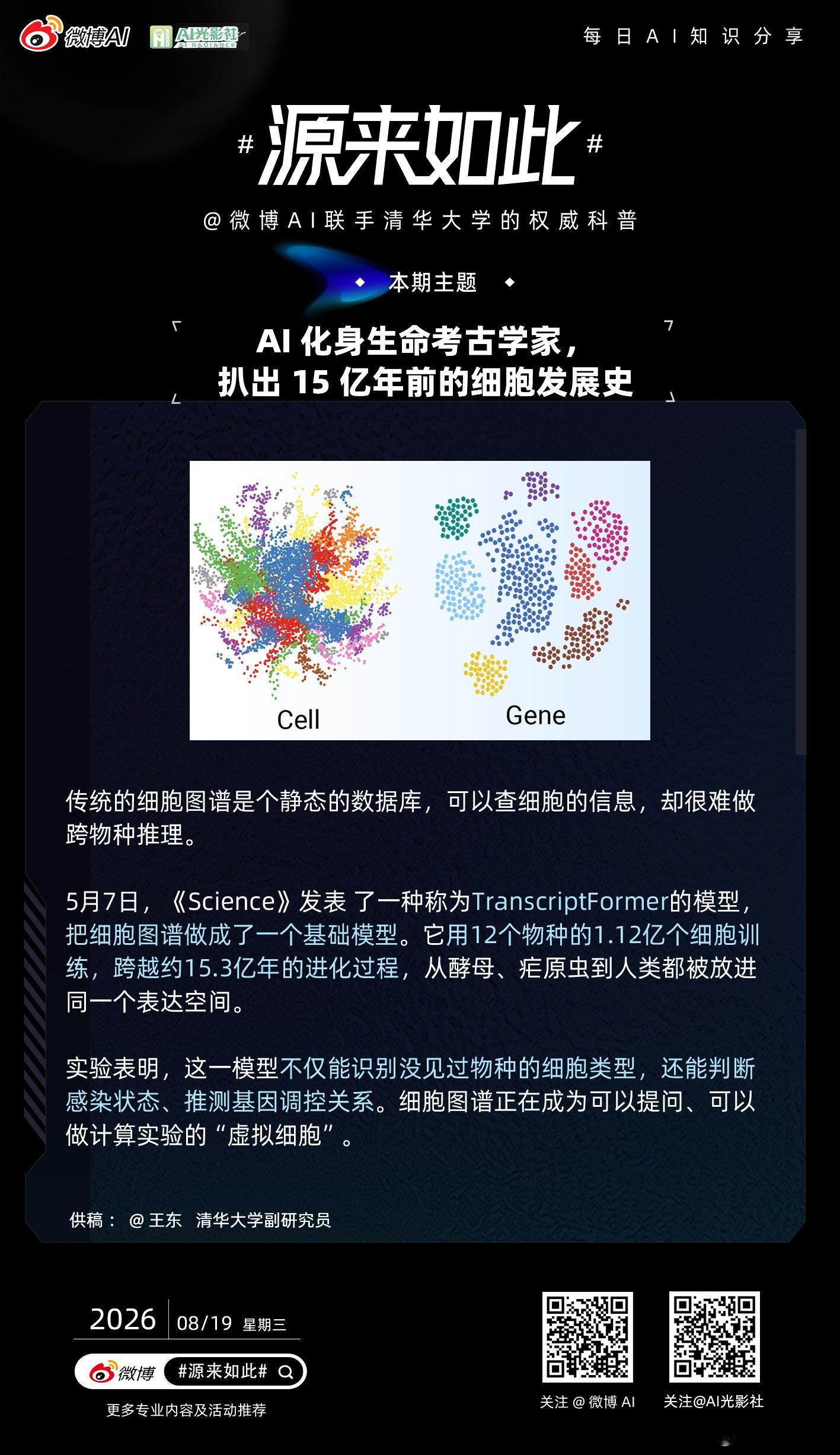 【今日份硬核科普已就位，AI世界#源来如此#奇妙】
联合清华大学权威团队，带你了解人工智能前沿知识！[送花花]

AI 化身生命考古学家，扒出 15 亿年前的细胞发展史[打call][打call]

传统的细胞图谱是个静态的数据库，可以查细胞的信息，却很难做跨物种推理。

5月7日，《Science》 ​