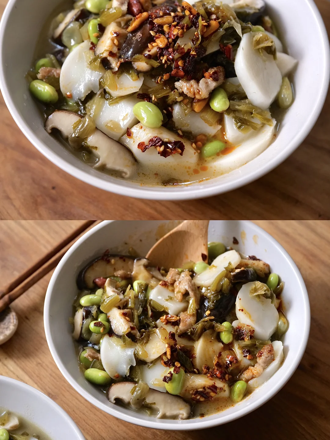 348天｜年糕爱好者的雪菜毛豆蘑菇肉丝年糕