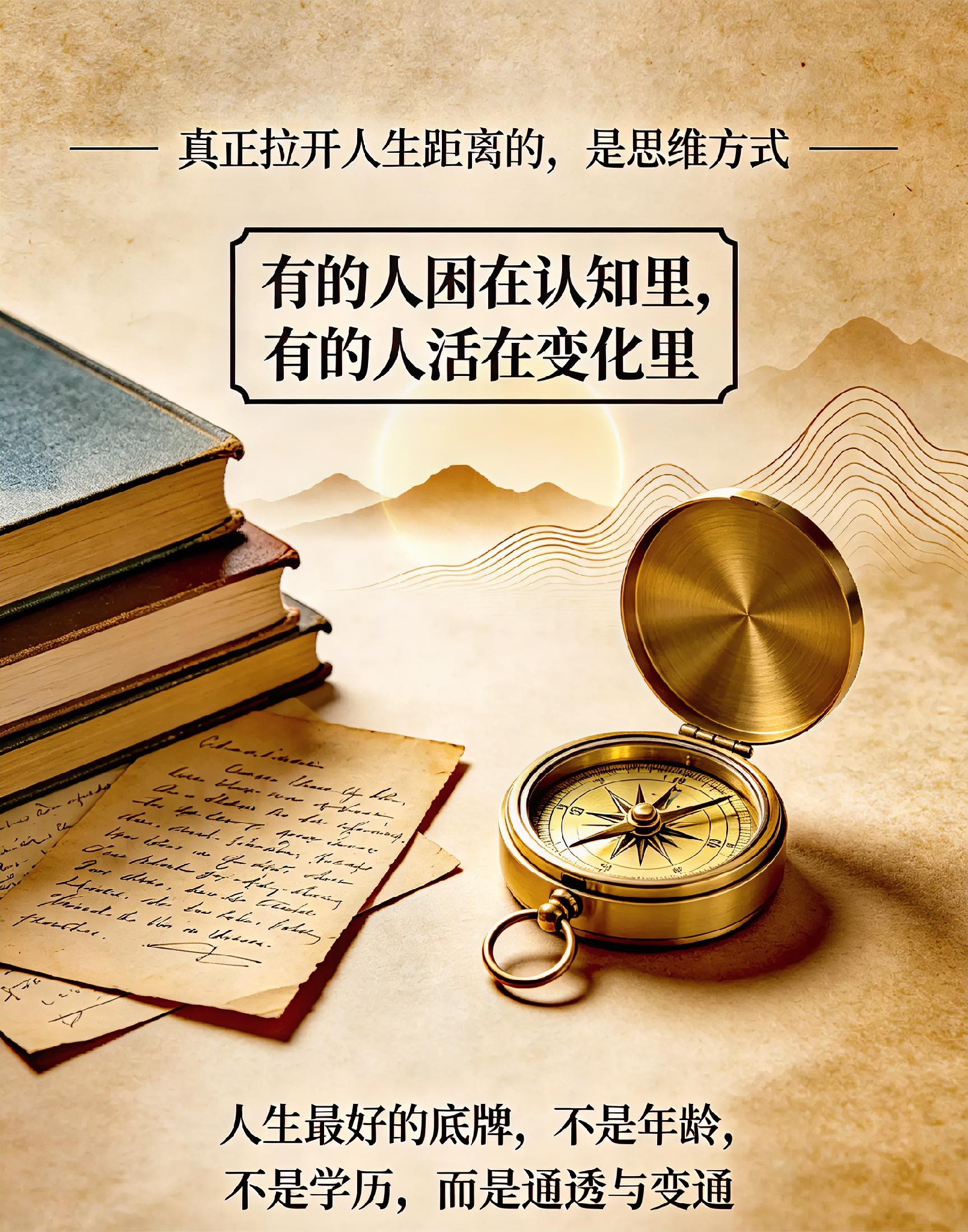 有句经典台词说：“这个世界上，到处都是有才华的穷人，他们才高八斗、学富五车，最后却穷困潦倒、一事无成。但是许多并没有什么才华的人，却能功成名就、春风得意！人与人最大的区别，不是出身，不是学历，不是金钱和权力，而是一种思维方式。”
 
这句话读来深有共鸣。一路走来，见过不少满腹学识之人，困在固有的认知