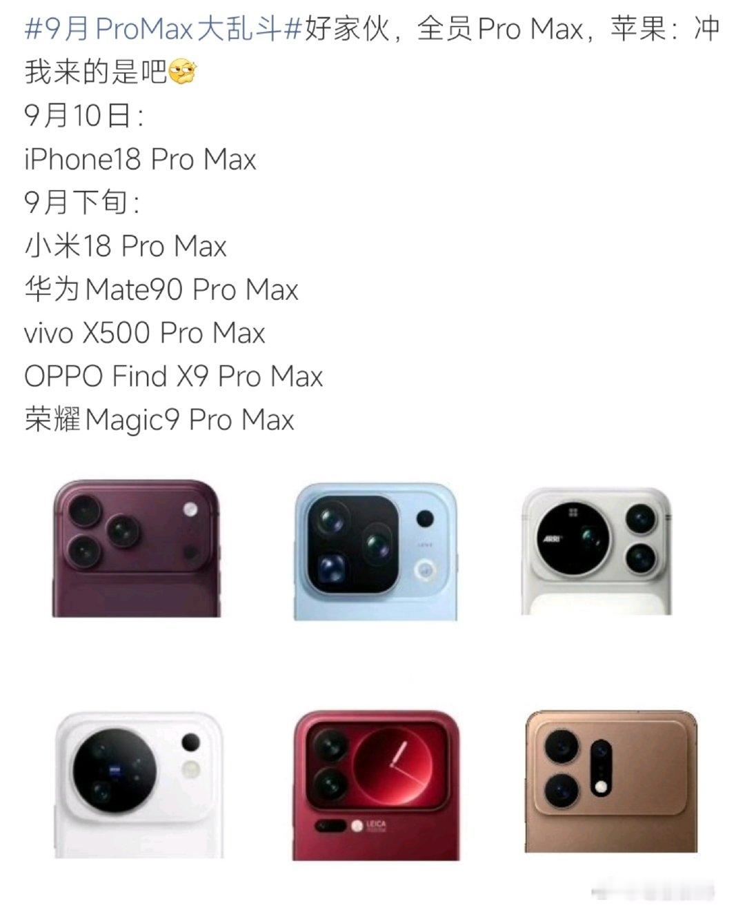 #Pro Max大乱斗#数码圈迎来名场面，多款旗舰“Pro Max”版本集中来袭。iPhone18 Pro Max定档9月10日；小米18、华为Mate90、vivo X500、OPPO Find X9、荣耀Magic9的Pro Max版本将在9月下旬陆续亮相，下半年高端手机市场竞争格外激烈。 ​