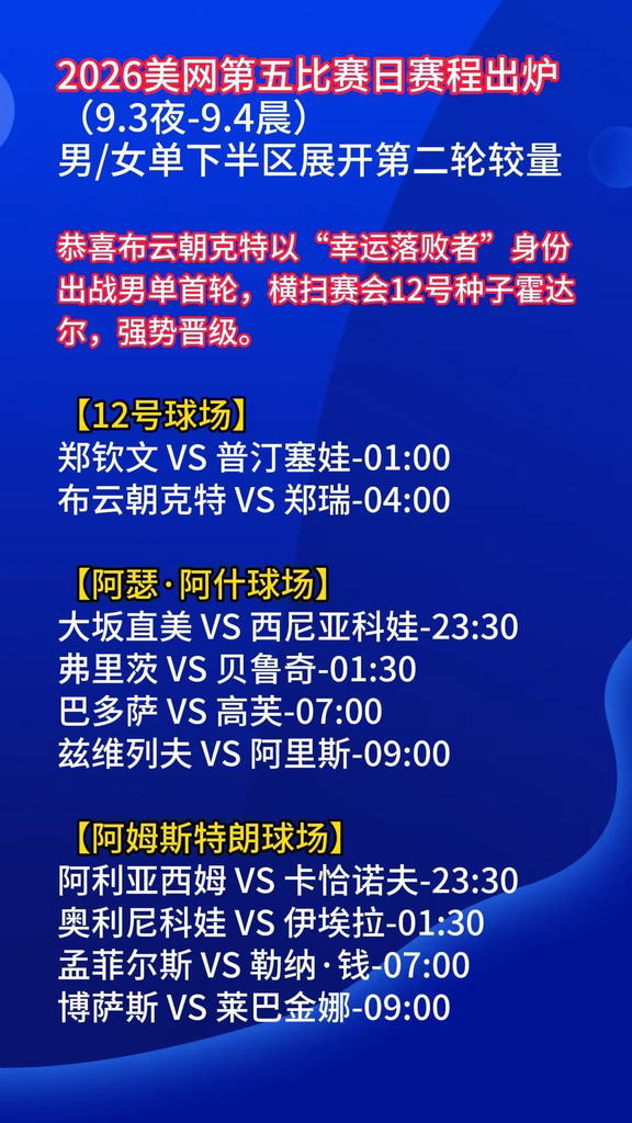 2026美网第五日比赛赛程出炉！