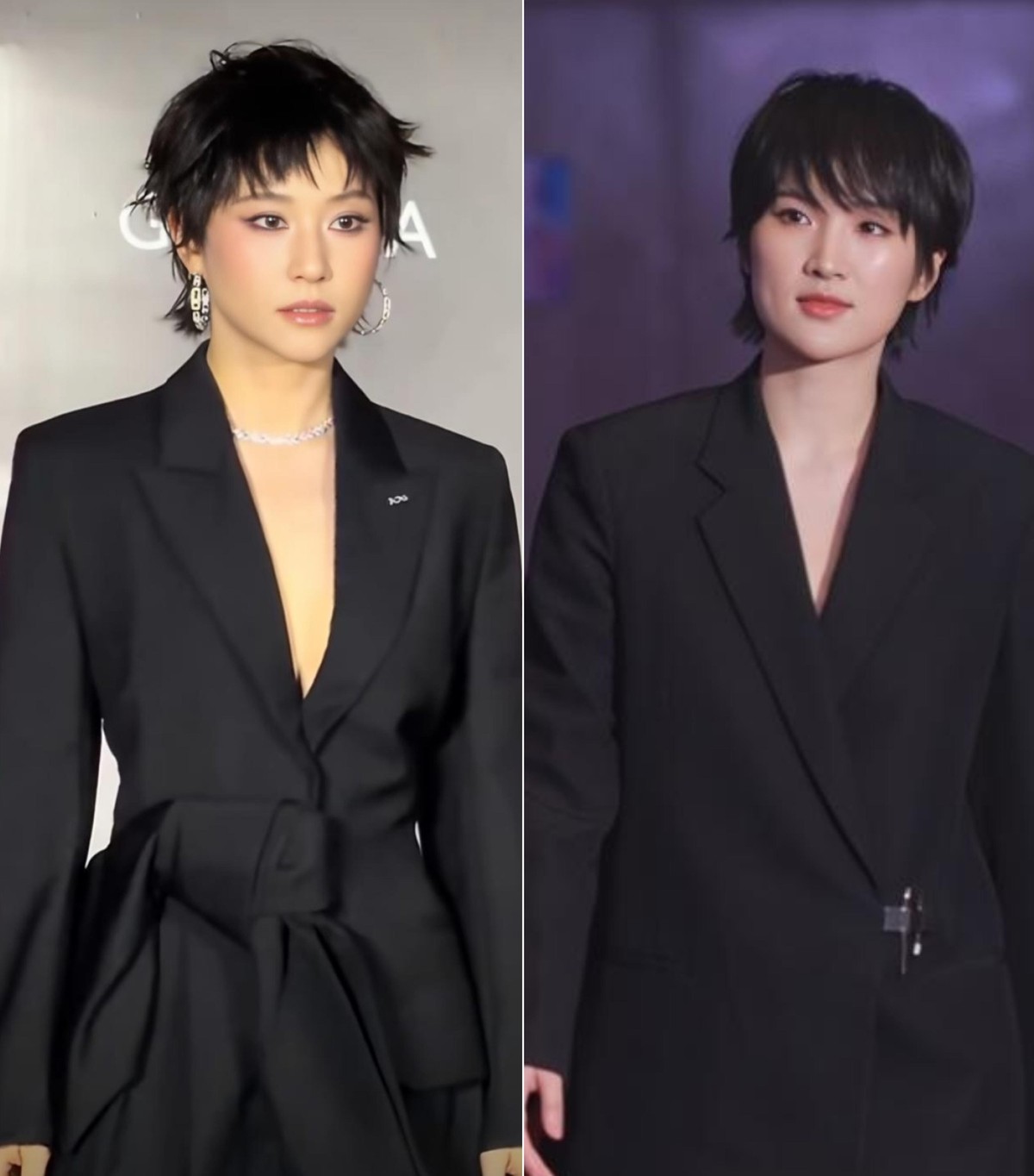 短发+黑西装，何超莲这次竟被姚安娜比下去了？
2026 FIRST电影展，何超莲一身黑西装搭利落短发亮相，差点没认出来。可镜头一拉近，深V收腰挺精神，下半身拖地阔腿裤却把个子压没了，整个人像被衣服框住。姚安娜175的身高，不胖不瘦，简约黑西装一穿，淡定从容，衣服服服帖帖衬着她。
说到底，穿衣服这事，