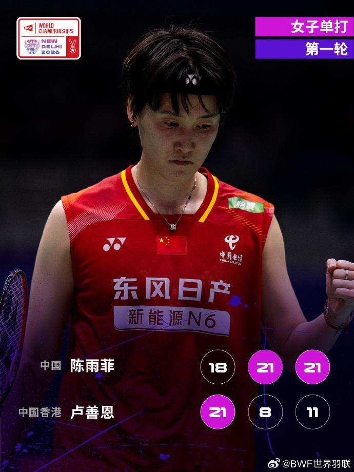 2026年羽毛球世锦赛女单首轮，陈雨菲2比1卢善恩。三局比分：18-2...