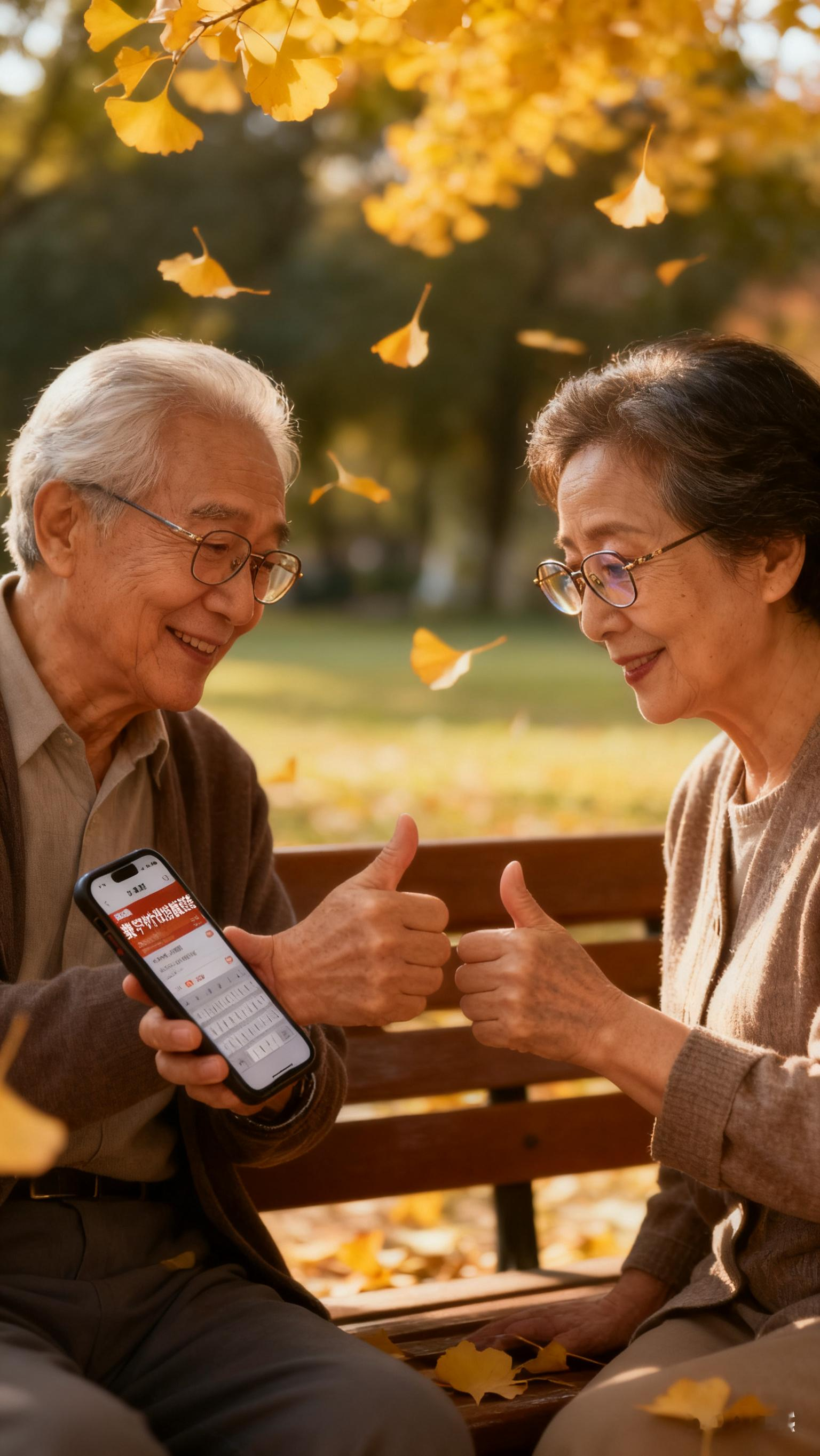 秋日暖阳下，老夫妻手牵手，共享科技乐趣