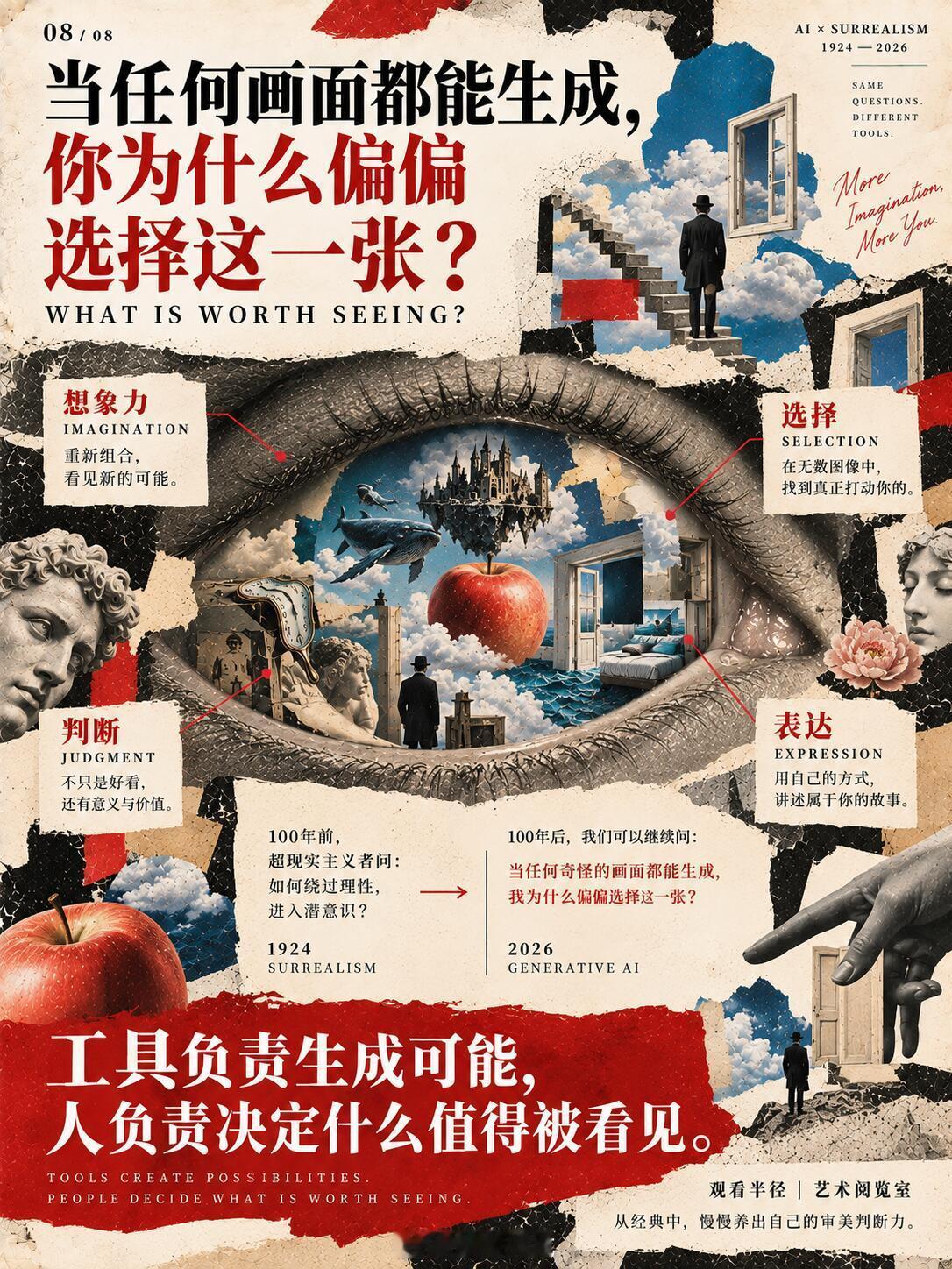 AI图很怪？100年前超现实主义就玩过了，如果你觉得AI图很怪，超现实主义100年前就在这么干了。
巨大的苹果、漂浮的城市、房间里的海洋、不合比例的人、毫无关系的物体突然组合在一起……
 
今天AI特别擅长制造这些“不可能”，而100年前的超现实主义艺术家，已经开始主动打破现实的规则。
错置、变形、 ​