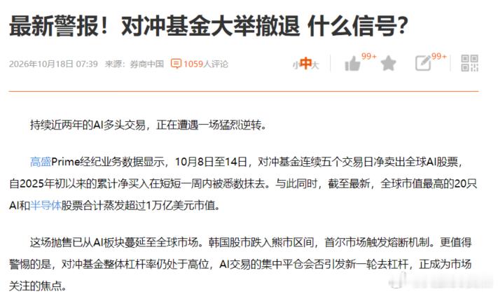 高盛 Prime 数据显示，10 月 8 日至 14 日，对冲基金连续五个交易日净卖出全球 AI 股票，自 2025 年初以来的累计净买入，短短一周被悉数抹去。全球 20 只 AI 和半导体股票，合计蒸发超 1 万亿美元市值。韩国股市直接跌入熊市，触发熔断。
对冲基金有些仓位是用杠杆买的 AI，现在是在去杠杆平仓，不是在 ​