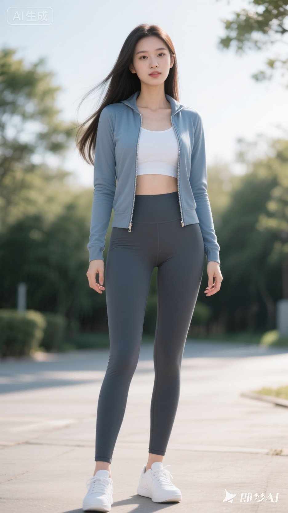 清晨的阳光洒在大地，穿着瑜伽裤搭配运动外套的清纯少女开启了元气满满的跑...