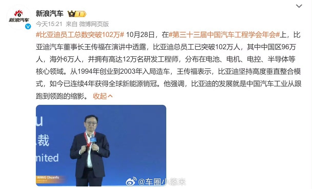 #比亚迪员工总数突破102万# 
王传福在行业年会上官宣这个数字，其中光是研发工程师就有12万人。国内96万员工，海外6万，对应海外工厂的落地。之所以人员体量这么大，是因为比亚迪选择垂直整合，很多零部件全部自己研发生产。
百万产业大军，背后是中国新能源产业的体量。 ​