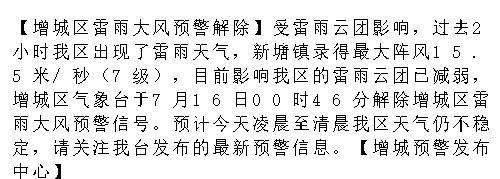 【增城区雷雨大风预警解除】受雷雨云团影响，过去2小时我区出现了雷雨天气...