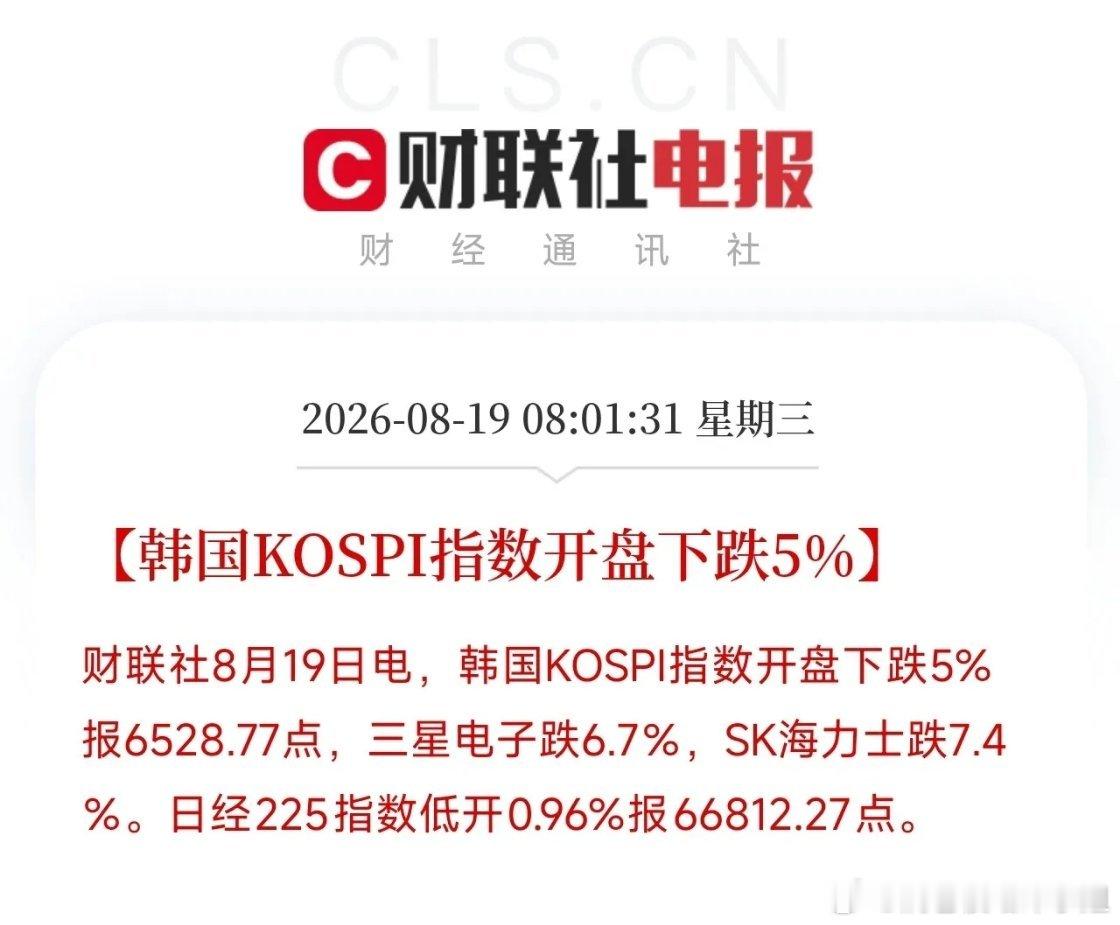 韩国股市触发熔断机制！存储巨头重挫，拥挤交易风险再度上演
 
清晨韩国KOSPI大幅低开5%，三星电子大跌6.7%，SK海力士一度下挫7.4%，跌幅进一步扩大，交易所紧急启动SIDECAR机制，限制程序化卖单。
 
昨夜美股存储、光通信板块出现筹码踩踏，今天在韩国市场被进一步放大。
 
韩国本土硬件产业基本面并 ​