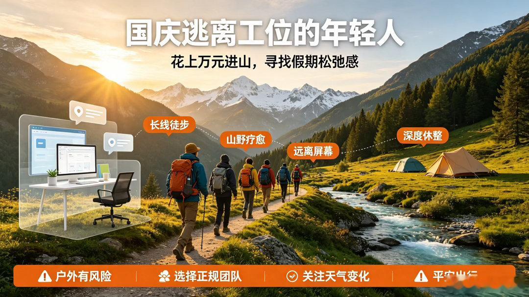 注意到一个有意思的现象，国庆期间不少年轻人选择逃离工位，愿意花上万元报名长线徒步团，一头扎进深山原野，而不是扎堆热门景区。

这是当代年轻人独有的解压方式。平日里长期伏案，被各种工作消息裹挟，大家渴望短暂远离屏幕与繁杂事务，在山野之间寻一份安宁。与其在知名景点排队打卡，他们更想要一 ​