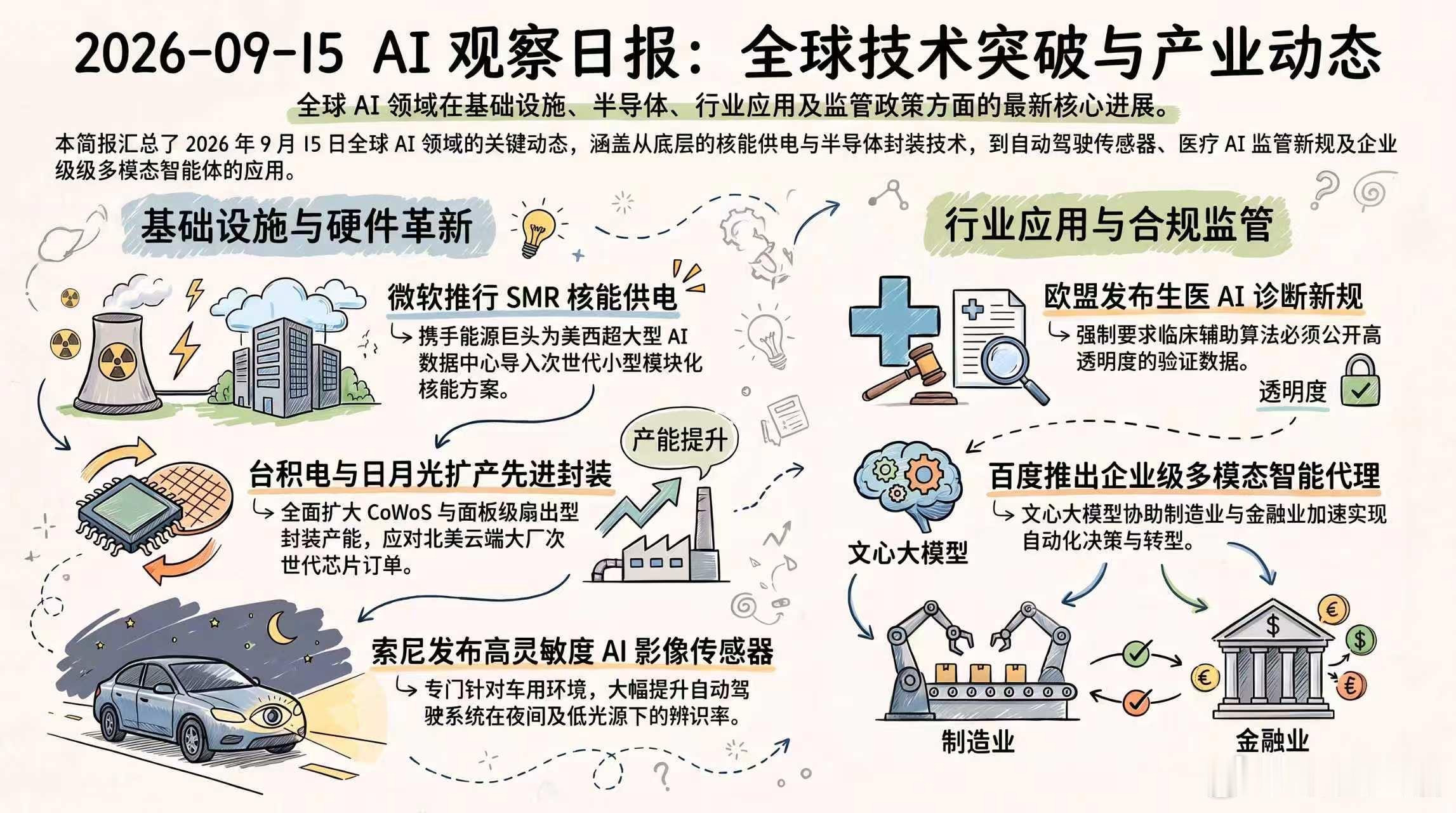 【2026-09-15 AI 观察日报】
近24小时 AI 领域重点聚焦于超级运算中心液冷技术升级、半导体先进封装产能竞赛、医疗影像辅助诊断新规，以及跨境数据合规新规。
【美国】微软宣布携手能源巨头，为其美西超大型 AI 数据中心导入次世代小型模块化核能发电（SMR）供电方案。
【欧盟】欧盟执委会发布生医人工 ​