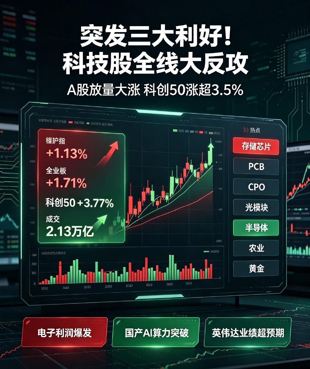科技股全线大反攻，A股放量大涨

今天A股彻底回暖，三大指数全线收涨超1%，科创50强势大涨超3.5%，成长科技主线全面回归。两市成交2.13万亿，放量超3100亿，增量资金疯狂进场，超3300只个股飘红，市场赚钱效应彻底爆发。

盘面热点非常清晰，AI硬件全线领跑。PCB、CPO、光纤、存储芯片集体拉升，多只标 ​