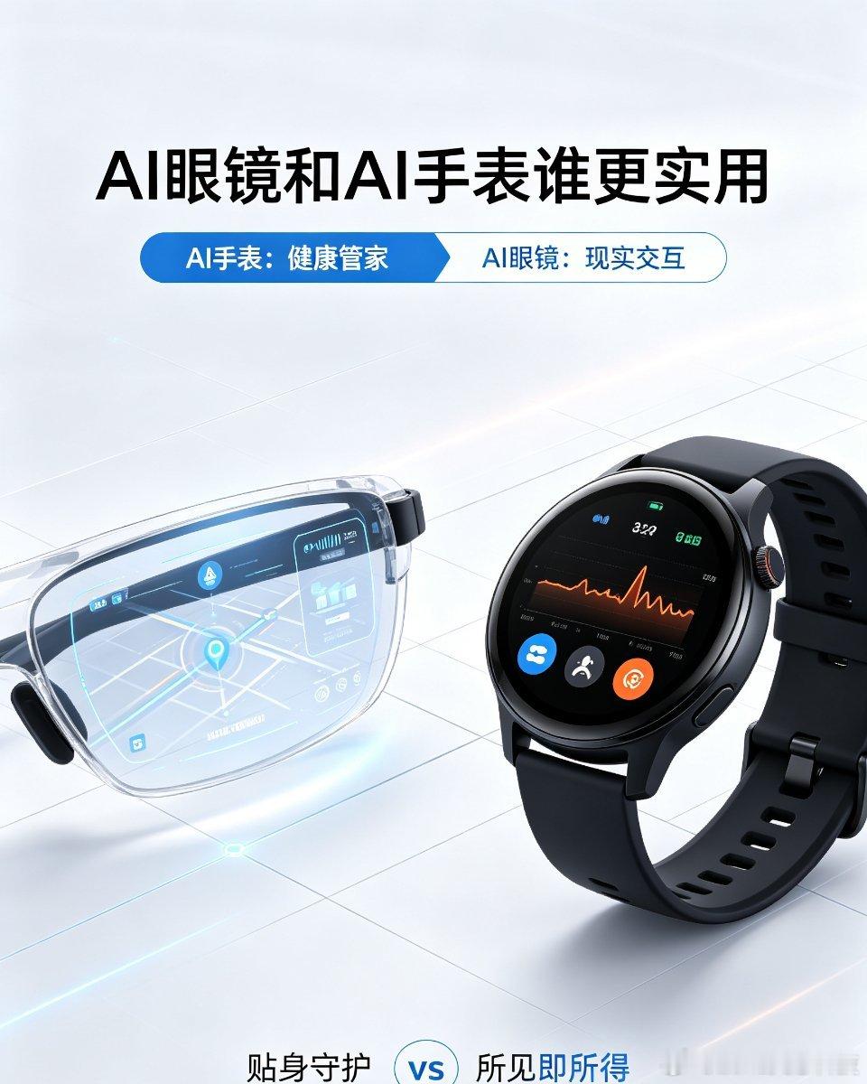 #AI眼镜和AI手表谁更实用#
AI手表与AI眼镜，两大热门AI硬件各有侧重。AI手表主打健康监测，依托穿戴优势，实时捕捉心率、睡眠、压力等身体数据，还能做AI健康解读，给到个性化建议，日常佩戴门槛低，是贴身的健康管家。
 
AI眼镜则聚焦现实世界交互，可感知眼前环境，实现实景识别、实时翻译、导航等功 ​