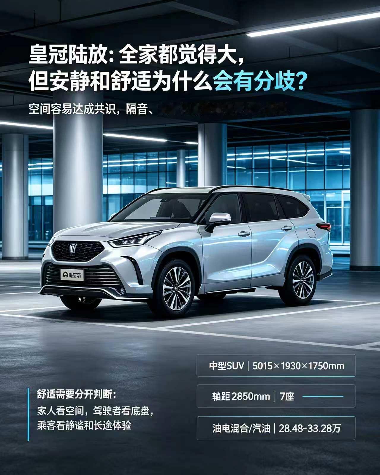 皇冠陆放，空间很大，舒适感受分歧不小