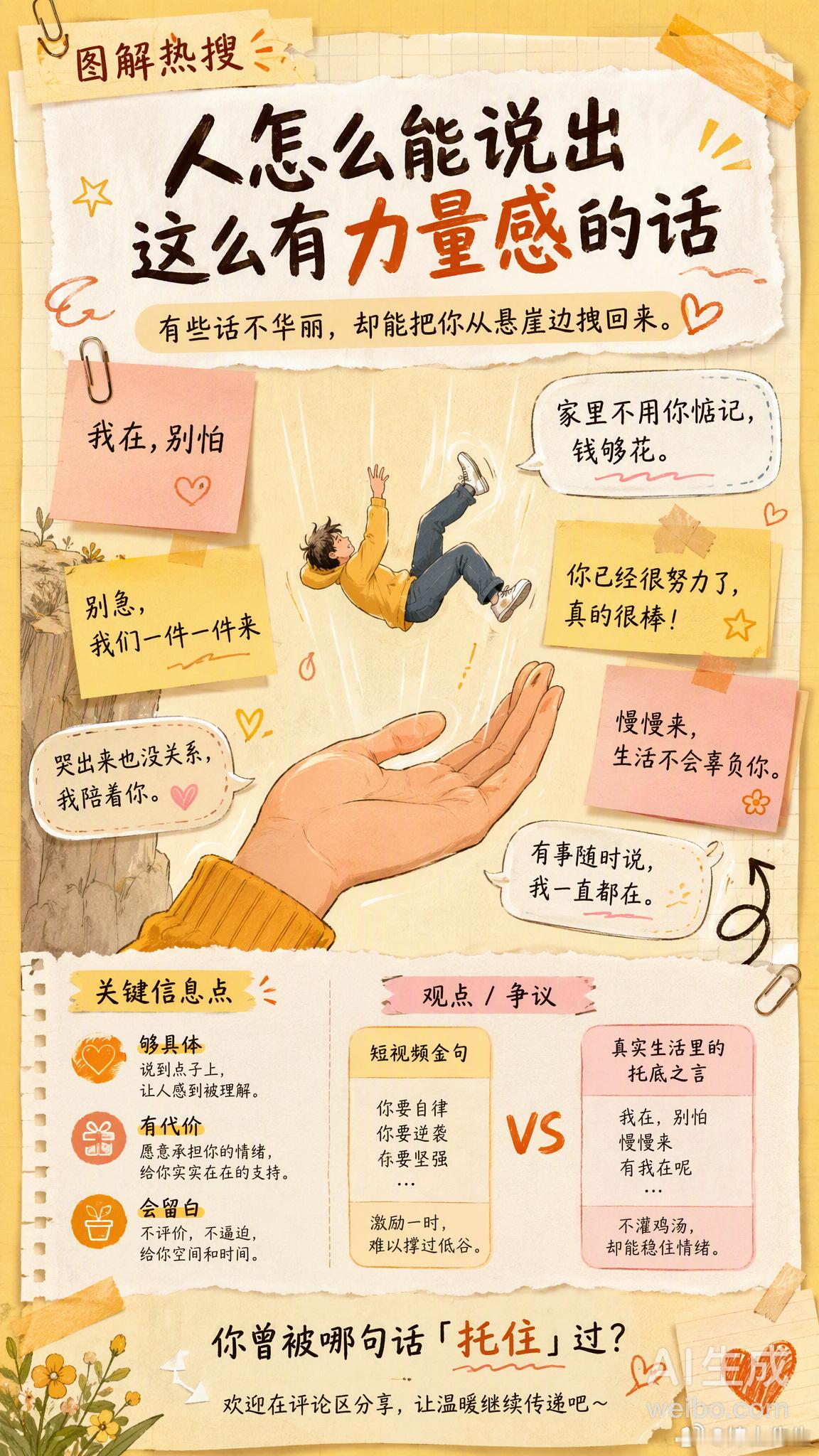 人怎么能说出这么有力量感的话有人搬出父母那句家里不用你惦记，钱够花，有人只打了四个字我在，别怕，还有人分享朋友在自己崩溃时说的别急，我们一件一件来。这些话大多不华丽，甚至有点朴素。但奇怪的是，偏偏就是它们，能在某个瞬间把人从悬崖边拽回来。仔细想想，有力量的语言好像都有这几个共同点🔹 够具体。空泛的「要坚强」没人记得住，能留下来的是带着生活颗粒度的细节。🔹 有代价。那些沉甸甸的句子，背后通常站着一段不好过的日子。🔹 会留白。真正有力的话通常很短，把后半句留给听的人自己去填。当然也要留个心眼：短视频时代，很多话是为了被截图而设计的，听完热血三分钟，什么也没改变。真正有力量的，永远是那些指向具体行动的——能让你明天早起去交材料、去道歉、去医院的，才算力量。你曾被哪句话「托住」过？评论区交换一下你的「人生金句」吧👇情感热点创作激励计划情感态度表达