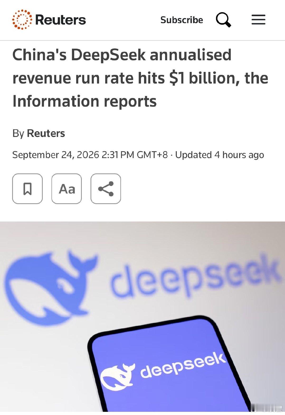 #DeepSeek估值750亿美金#根据最新报道，DeepSeek正在推进第二轮融资，目标募资约75亿美元，约500亿元人民币，投后估值目标为750亿美元，约合5000亿元人民币。

公司年化营收已翻倍至约10亿美元，此前几个月还不足5亿美元。增长部分得益于近期API价格上调，且客户规模还未明显缩水。 ​