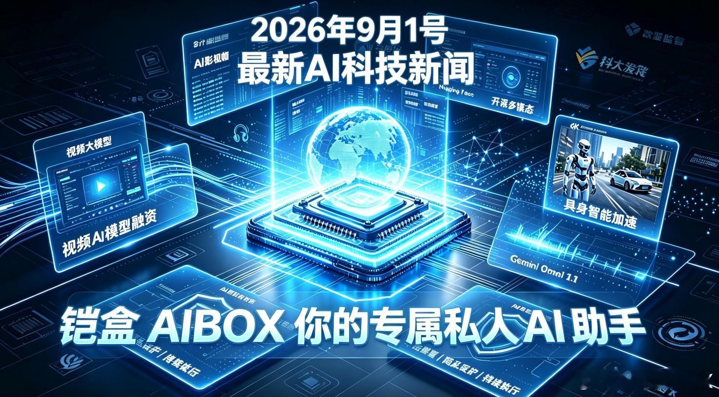 2026年9月1号最新AI科技新闻
铠盒AIBOX-你的专属私人AI助手
1. **快手可灵获得国家AI基金增资15.31亿元**
快手旗下可灵更新增资协议，国创AI基金入局，本轮增资上限约204亿元，投后估值180亿美元，拿下全球视频大模型赛道最大单笔融资。
2. **DeepSeek发布开源多模态模型DeepSeek‑V4‑Flash‑Vision‑ ​