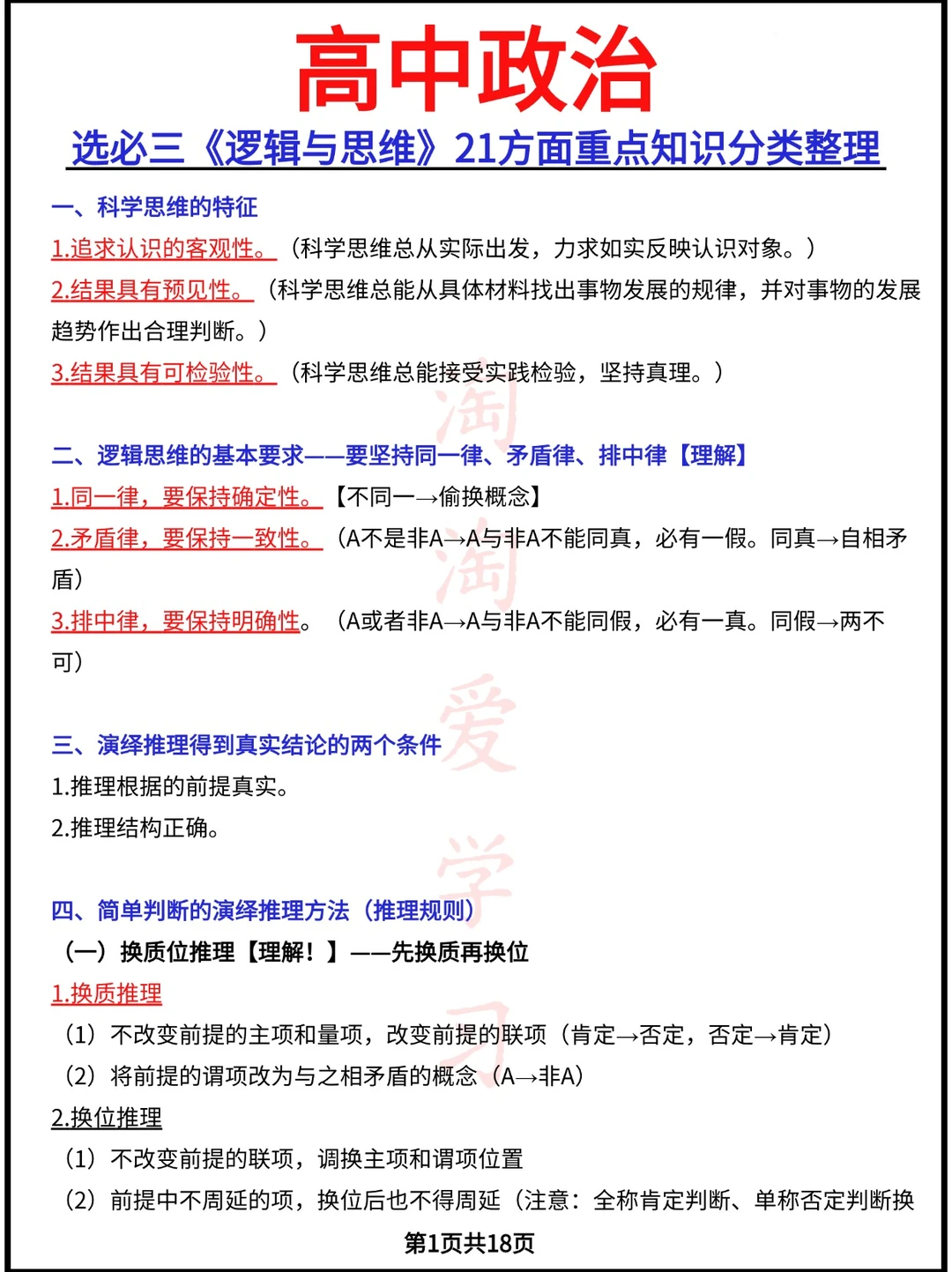 选必三《逻辑与思维》21方面重点知识分类整