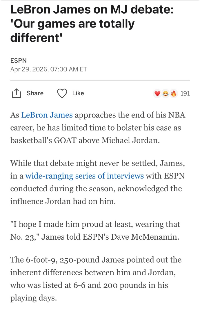 詹姆斯在接受ESPN湖人记者专访时，谈及与乔丹的历史最佳之争。生涯步入...