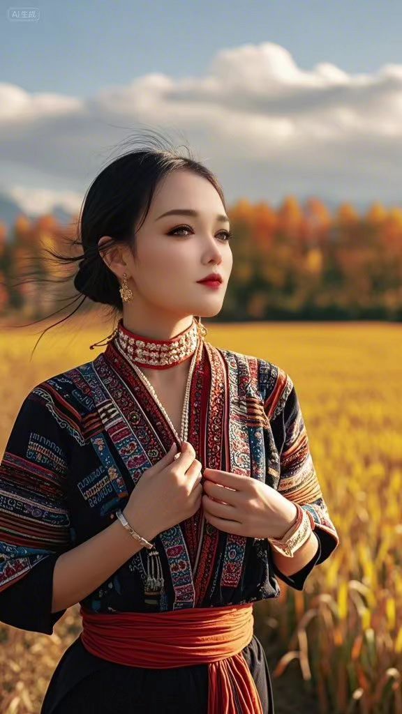 人物近照。现代乡下美女，金秋十月，田园风光，超大场景。