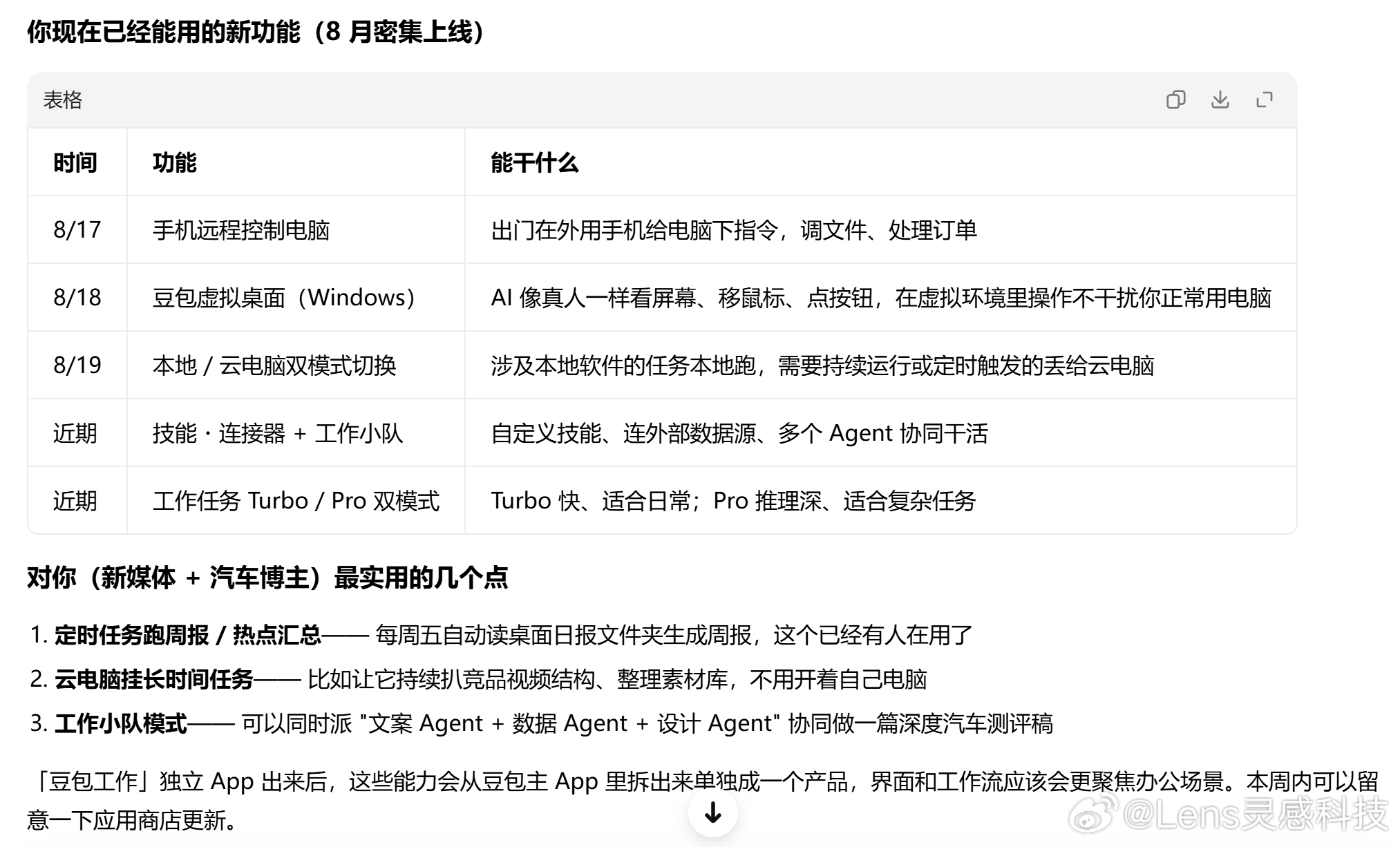 #豆包将推出独立AI办公产品#
我和豆包确认过了，他自己说的是真的

字节刚完成了一轮 AI 办公产品线的大整合：

TRAE、扣子（Coze）团队整体并入豆包体系，统一向豆包产品负责人赵祺汇报

- 豆包工作最快本周内上线，作为字节 AI 办公场景的统一产品和品牌
- TRAE Work、扣子将与豆包工作场景能力整合 ​