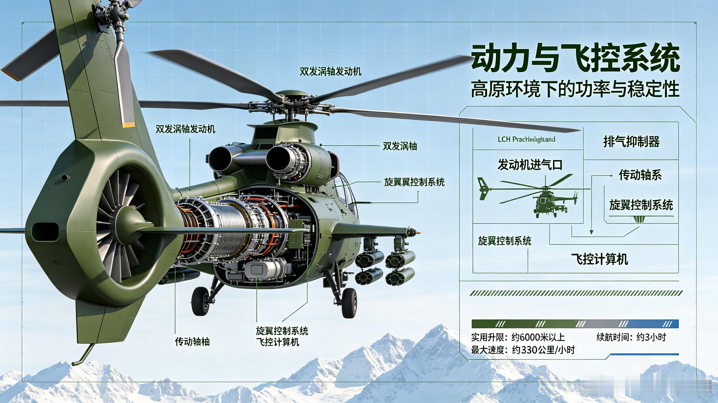 LCH普拉昌德，是印度斯坦航空耗时二十余年打磨的首款国产专用武装直升机，研发初衷源自高原边境作战短板，专为高海拔山地战场量身打造，2022年正式入役印军。该机最大亮点就是强悍高原性能，两台印法合作的沙克蒂涡轴发动机，让它实用升限可达6500米，能够在四千多米高原前线机场起降，在稀薄空气环境 ​