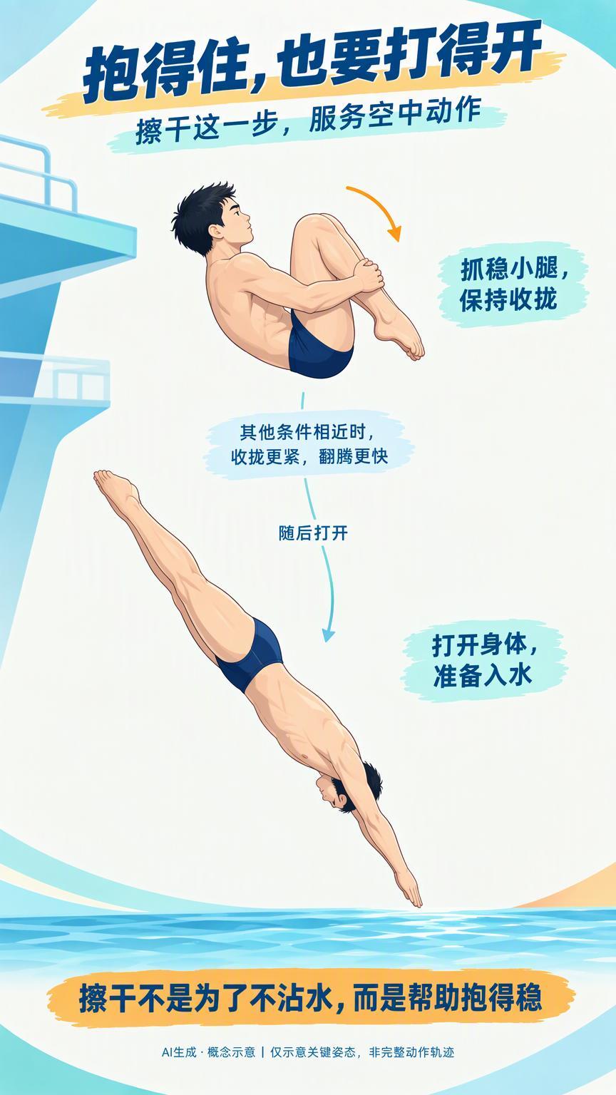 马上又要跳进水里，跳水运动员怎么还忙着擦干身体？

#跳水运动员为什么入水前还要擦干身体#
都准备往水里跳了，还拿吸水巾擦身，这不是刚擦干又要湿吗？围绕2026年爱知·名古屋亚运会跳水，聊个容易被当成“小习惯”的细节：擦掉这些水，有时是在为空中那一下抓握做准备。

咱们的眼睛容易直接追到入水 ​