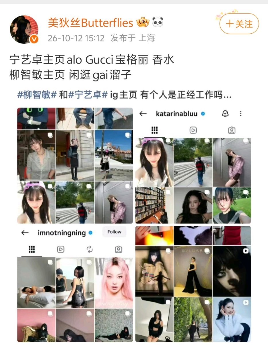 柳智敏主页 均👍百万率活粉率脱水书局五代女第一 巡演的同时给粉丝寄明信片分享生活
宁艺卓主页 均👍不过百万 街道从业者 队内ig倒数第一 和kanye幸福中无法和粉丝分享生活 ​
