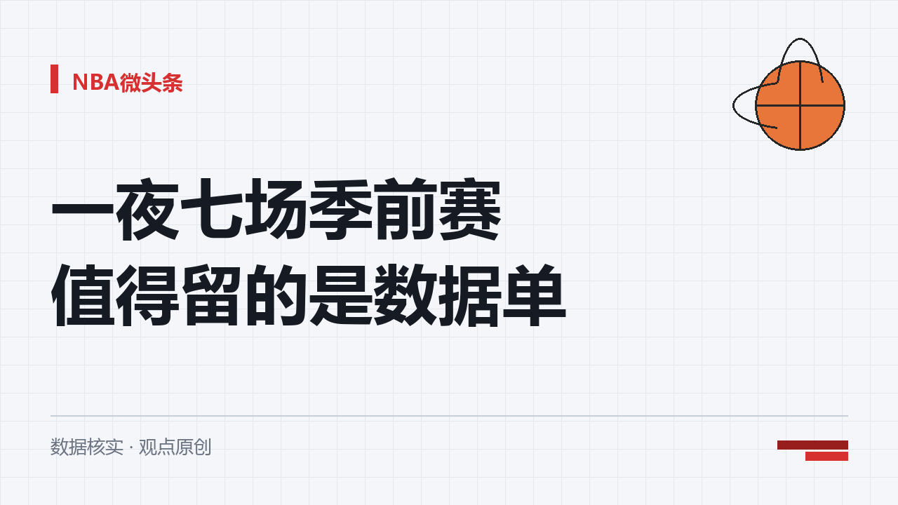 一夜七场季前赛，比分第二天就没人记得，但有几份数据单值得留着。
勇士一百一十一比一百零六赢国王。库里只打了上半场，拿到八分。真正有意思的是追梦格林：得分只有三分，篮板七个，助攻五次，外加一次抢断。一支球队愿意让一个几乎不得分的人留在场上，看重的就是这些不进得分栏的活。
国王那边，本·西蒙斯回归首秀只
