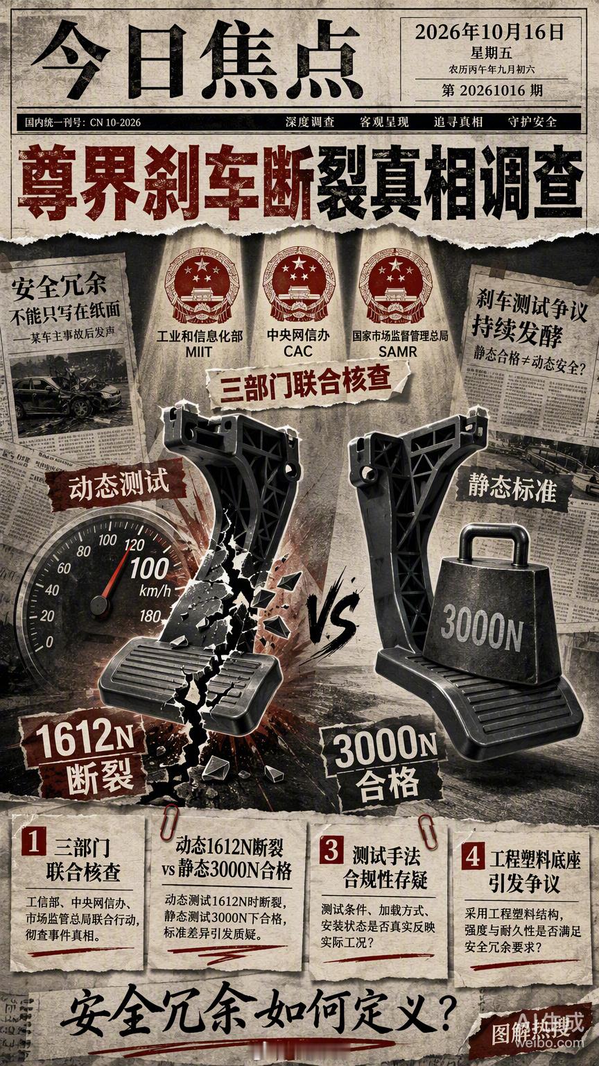 尊界V800刹车踏板断裂这事儿，现在三部门已经进场核查了。#余承东称正义永远不会缺席##懂车帝删视频##尊界刹车断裂真相#
在工程逻辑里，国标静态测试是底线，懂车帝的动态冲击是极端工况的边界。
以前我们聊自驾，总盯着差速锁和机械素质，觉得那是应对未知的底气。
但在舆论场的迷雾路段里，真正的心 ​