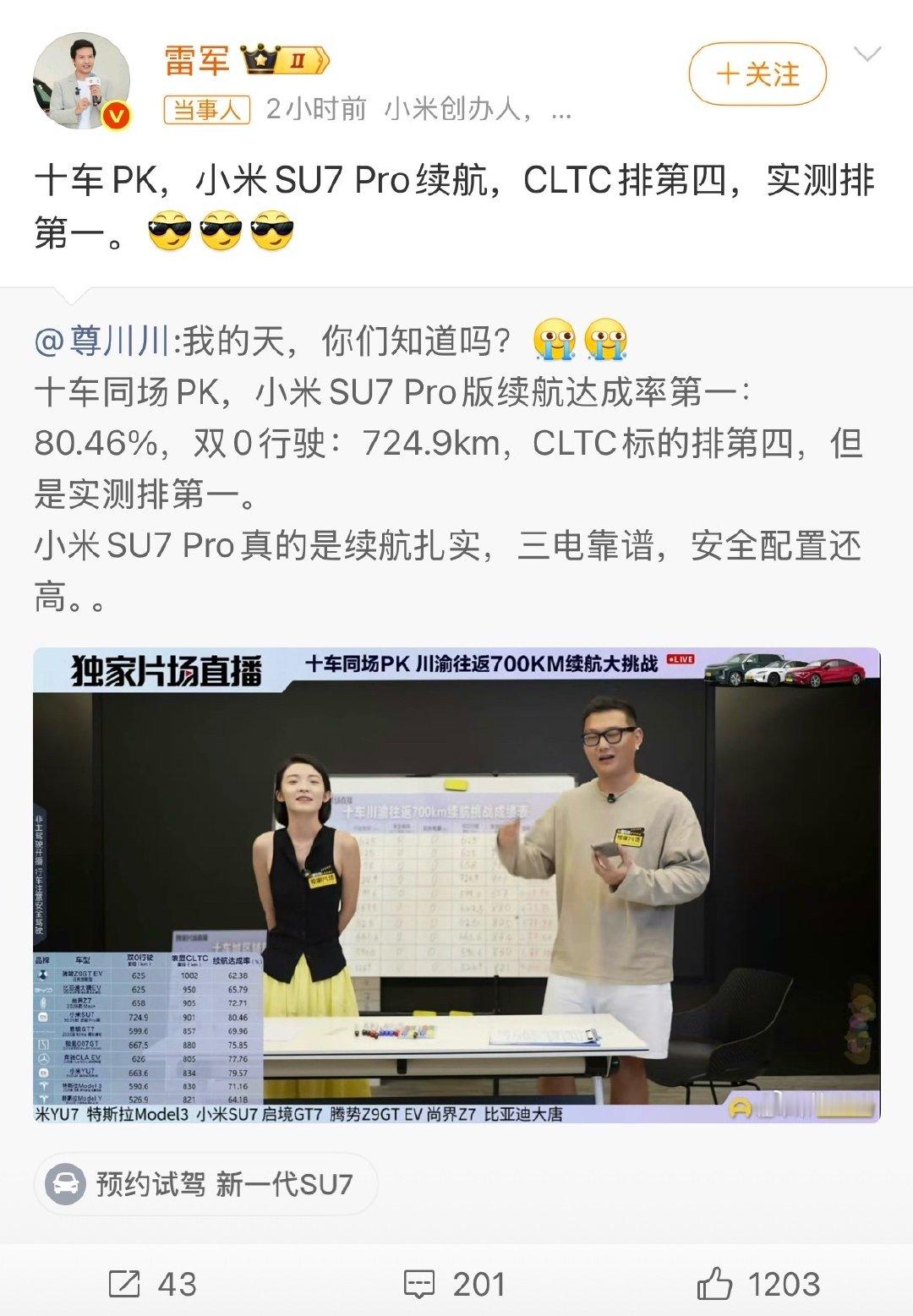 小米牛呀，续航实测第一，每次小米新闻总有很多人喷小米，传奇耐黑王名字也得来了，但是就和苹果特斯拉一样，网上没赢过现实没输过，销量没有低过，
小米这次实测第一也打了很多人的脸！说明大量路测还是很有必要的的，大家觉得呢？#雷军##小米##雷军回应SU7Pro续航实测第一# ​