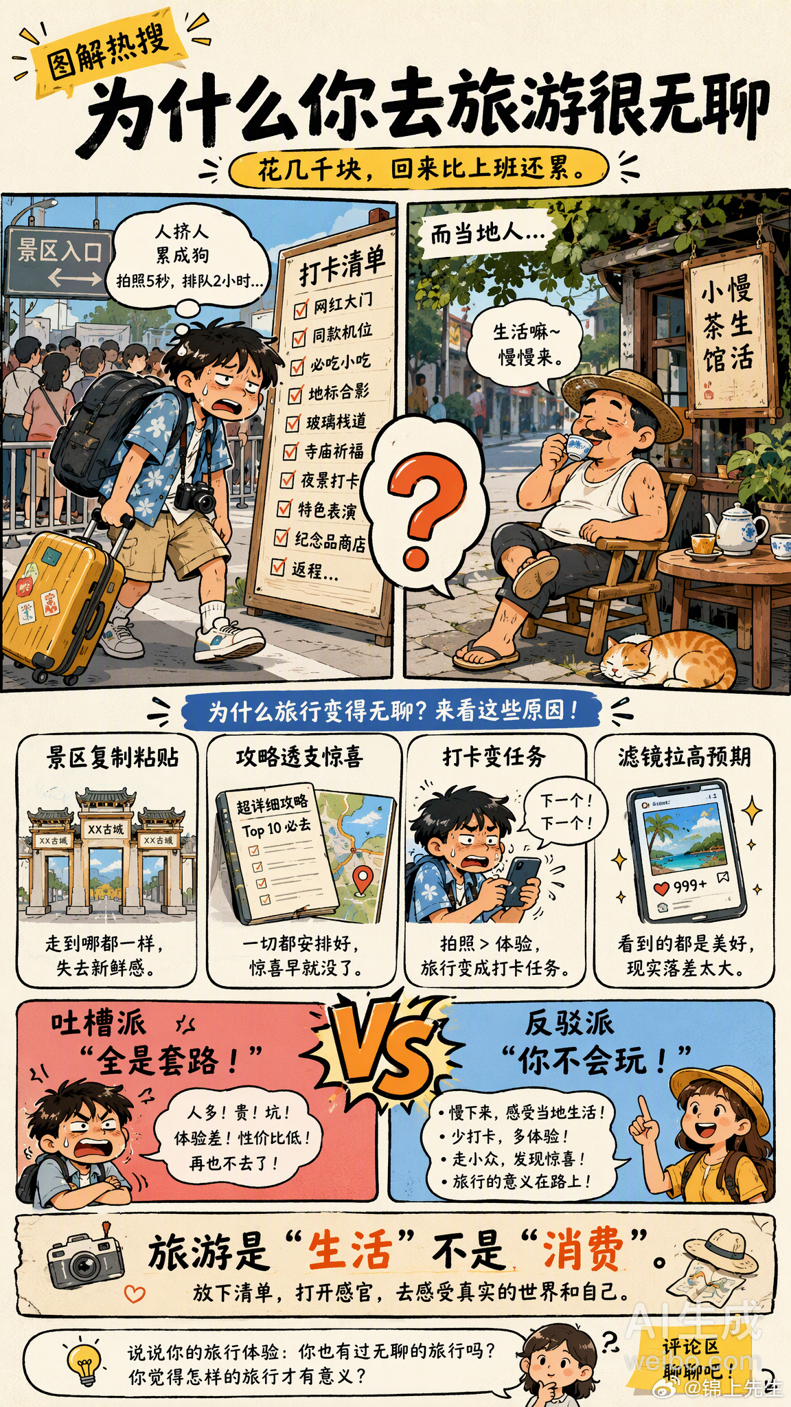 为什么你去旅游很无聊 花几千块、请几天假、赶几小时路，结果回来比上班还累——这到底是谁的锅？几个扎心真相：· 景区越来越像“复制粘贴”，古镇、美食街、文创店，换个地名场景完全不变· 攻略太详细，惊喜感提前被透支，到了现场只剩“验证”· “打卡式旅游”把假期变成任务清单，赶行程、拍照、修图、发朋友圈，一环扣一环· 信息过载+滤镜拉高预期，现实一对比当然落差大但也有人反驳：不是旅游无聊，是你不会玩。住民宿、逛菜市场、和当地人聊天，照样能玩出新鲜感。说到底，旅游的本质是“换个地方生活”，不是“换个地方消费”。当“去过”代替了“感受过”，无聊几乎是必然的。你最近一次旅行觉得值回票价吗？还是也陷入了“旅忧”循环？情感热点创作激励计划情感态度表达