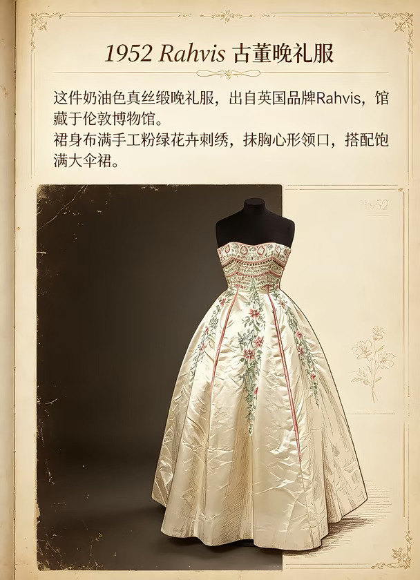 英国馆藏｜1952 Rahvis抹胸刺绣古董晚礼服