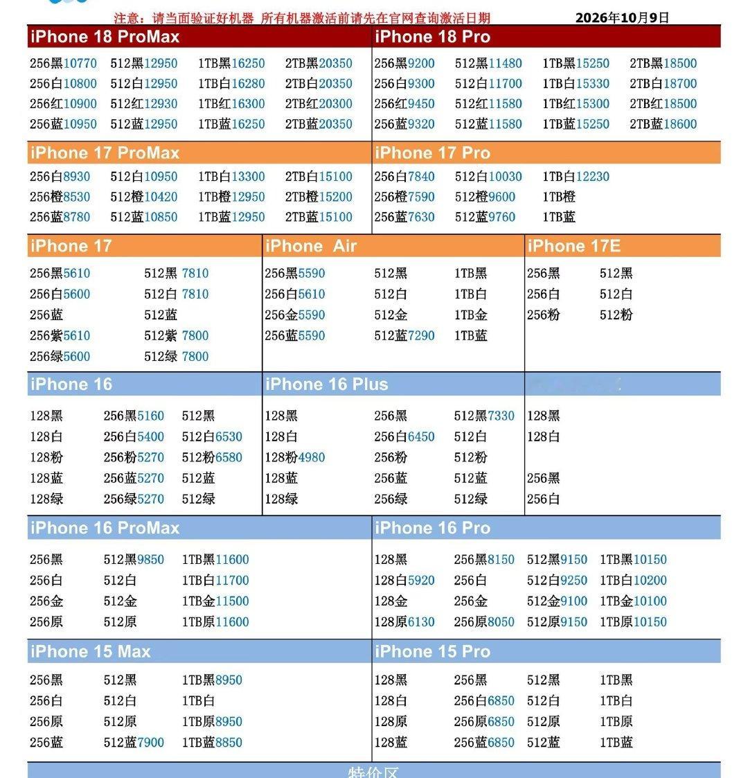 26年10月9日国行苹果手机系列价格更新，今天的18 Pro系列又是小跌，又是小内存小跌三四十，大内存跌个上百，停不下来了，17系列仍只是个别型号略跌个一二十，16系列货极少了。#苹果手机##数码闲聊站[超话]# ​