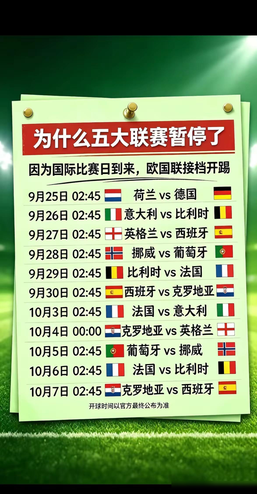 五大联赛突然全停了？就因为这个。
FIFA从今年改了规矩，把9月和10月的国家队比赛窗口直接合并成一个16天的超级窗口。说白了，就是让国脚一口气把欧国联小组赛踢完，联赛只能让路。
看看这赛程，9月25号荷兰打德国，26号意大利干比利时，27号英格兰西班牙重演欧洲杯决赛。隔两天又踢第二轮，法国比利