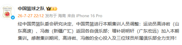 官宣：经中国男篮队委会研究决定，中国男篮进行本期集训人员调整：运动员高...