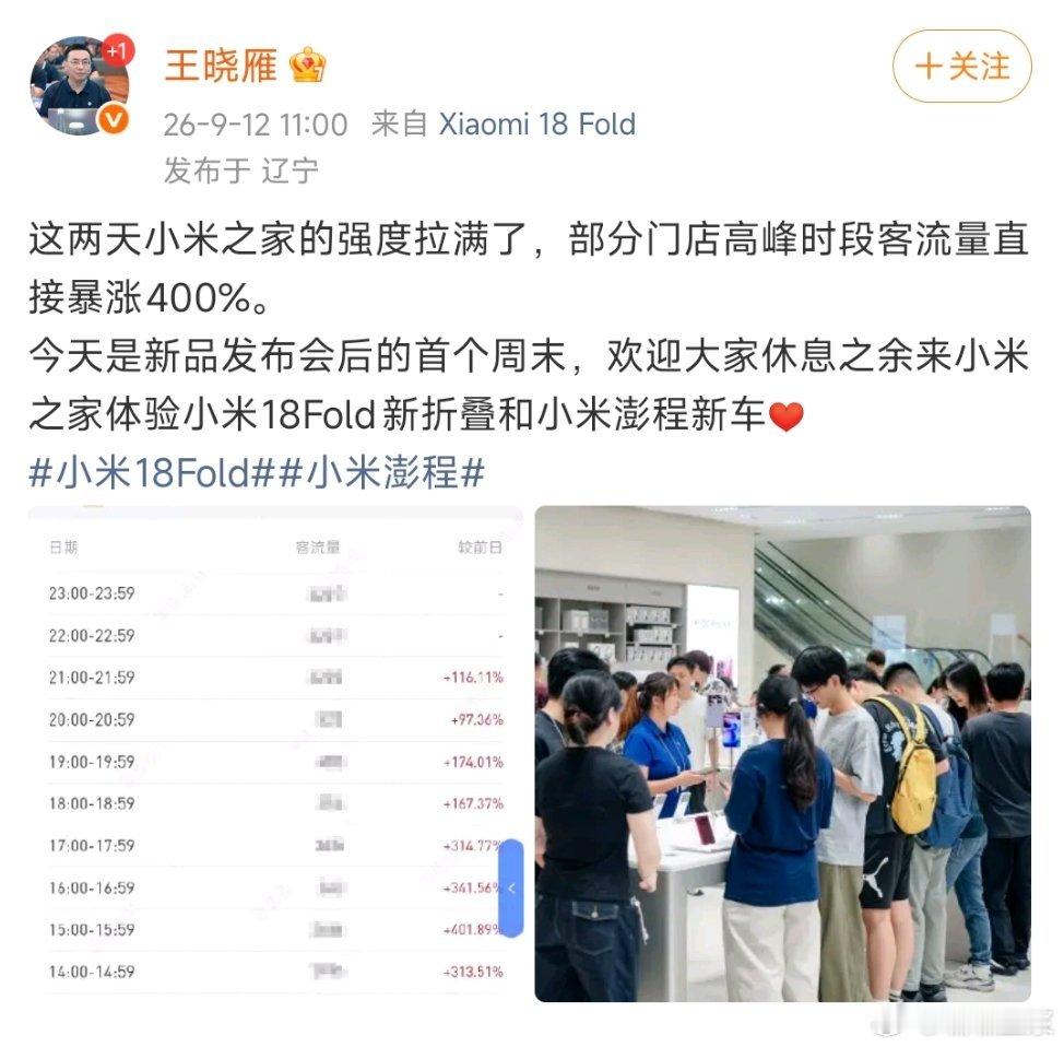 周六下午的小米之家还是很火爆，不管是澎程N90/N70，还是小米18fold，看的人都不少。

澎程的质感比预期要好，在线下看N90的侧面会更加协调，内饰的做工也不错，如果要购买个家用增程SUV，真的有点动心

#小米高管称门店客流量暴涨400%# ​