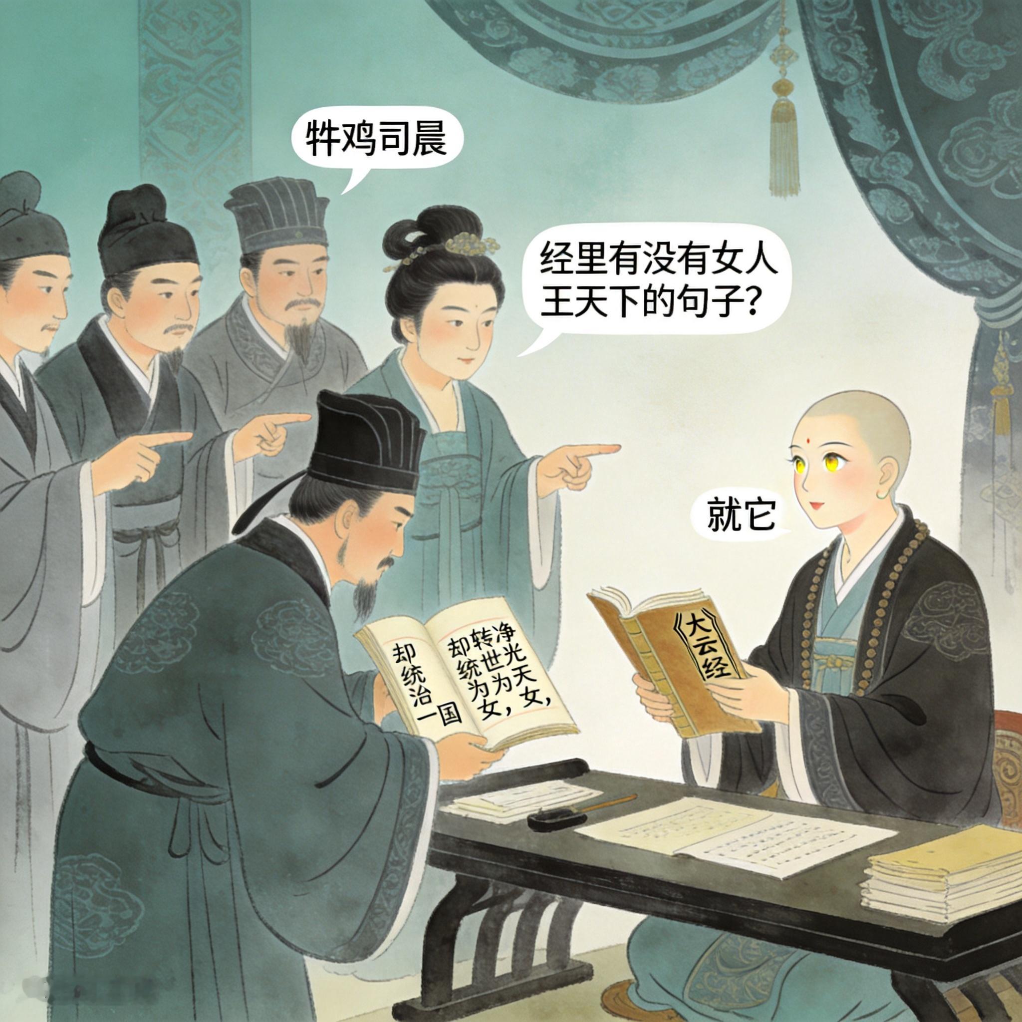 大云经里藏句话：弥勒本是女身

儒生骂“牝鸡司晨”，武则天不跟他们吵。她找和尚：经里有没有女人王天下的句子？
薛怀义献上《大云经》：净光天女，转世为女，却统治一国。武则天眼睛一亮：“就它。”
不久天下州州建大云寺，经疏满天飞：弥勒下生，化作皇太后，代唐而王。老臣拍案：“佛经也能改朝换代？”她淡笑：“