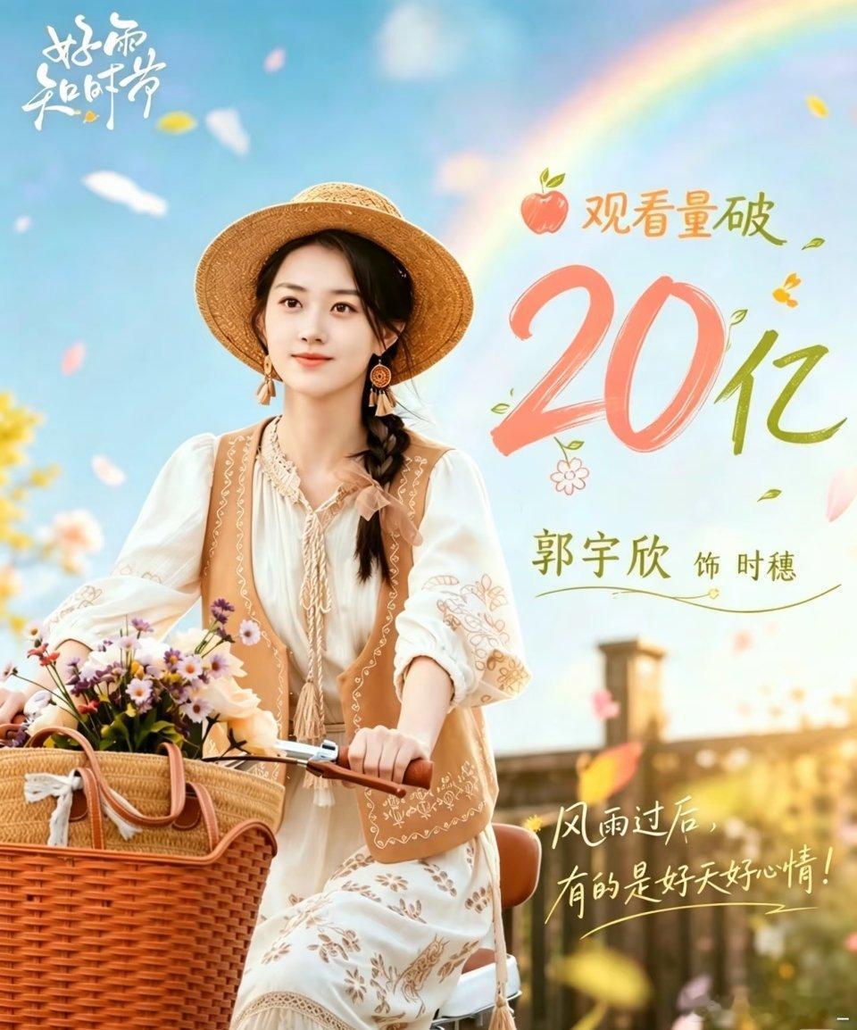 #郭宇欣[超话]# [666]#郭宇欣时穗# 
🎉恭喜郭宇欣《好雨知时节》播放量破20亿🎉，
8月14日播出，首日ffd破亿，
8月22日播放量破10亿，
8月27日播放量破20亿❗❗
时穗这个温柔坚韧的角色被郭宇欣演绎得淋漓尽致，用细腻演技收获观众的喜爱与认可。
每一份亮眼数据，都是观众最真诚的反馈。
步步进阶 ​