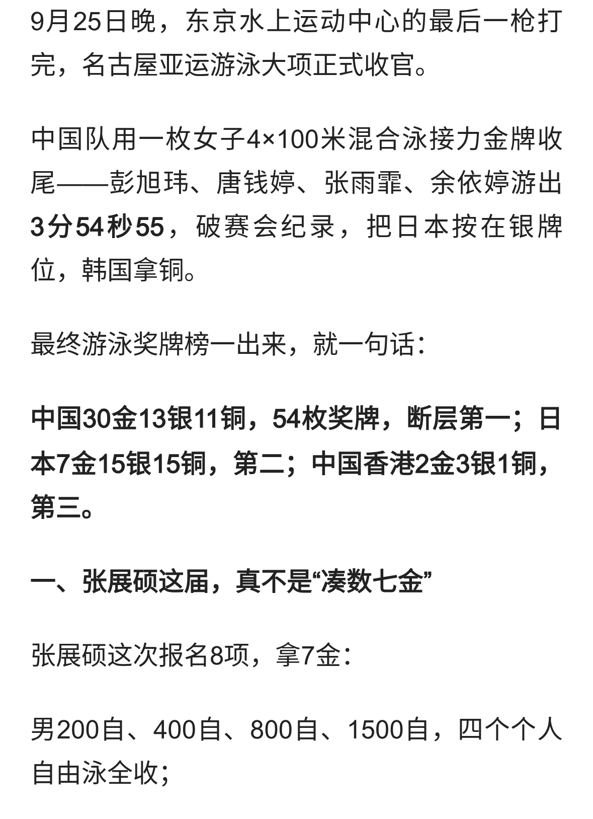 亚运游泳收官：中国30金杀疯了，张展硕7金＝日本全队