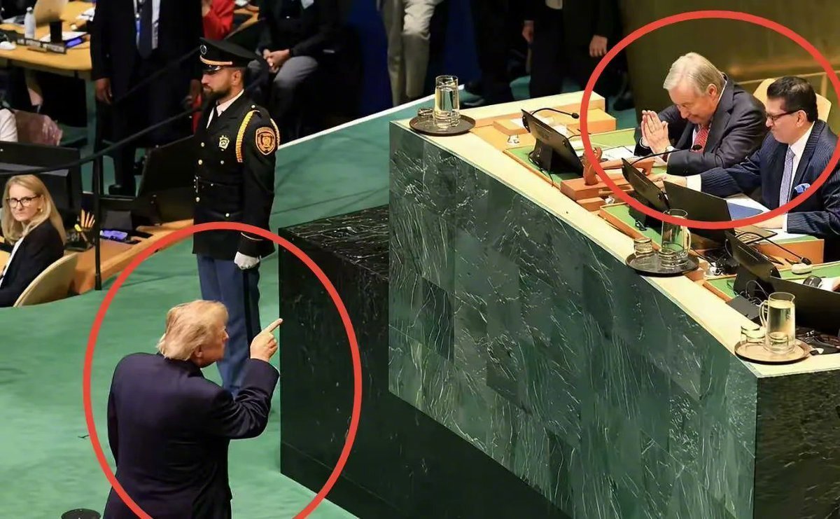 特朗普在联合国一般性辩论会上，在发言时突然转身指向主席台上的联合国秘书长古特雷斯，竟然怒斥联合国在解决伊朗封锁霍尔木兹海峡上“无所作为”“空谈无能”，并对古特雷斯声称加强对人工智能监管是“全球主义阴谋”。

对于特朗普的无礼，行将结束任期的古特雷斯面无表情，波澜不惊，心里估计不知道 ​